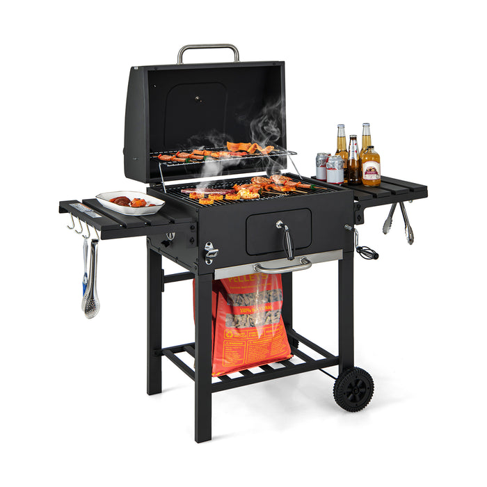 Charcoal BBQ Grill - Foldable Side Tables, Hooks, and Wheels - Perfect for Outdoor Grill Masters
