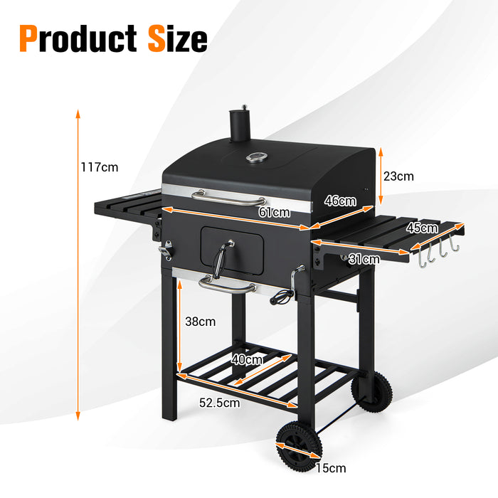 Charcoal BBQ Grill - Foldable Side Tables, Hooks, and Wheels - Perfect for Outdoor Grill Masters