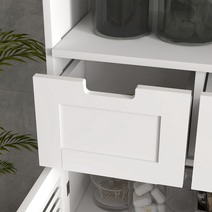 Bathroom Floor Cabinet with Stylish Louvred Doors - Ample Storage with Drawers and Open Shelf - Space-Saving Organizer for Linens and Toiletries