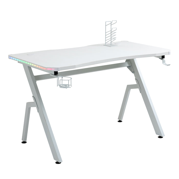 Ergonomic Racing Gaming Desk - RGB LED Lighting, Headphone Hook, Cup Holder, Controller Stand - Ideal for Gamers and Home Office Setup