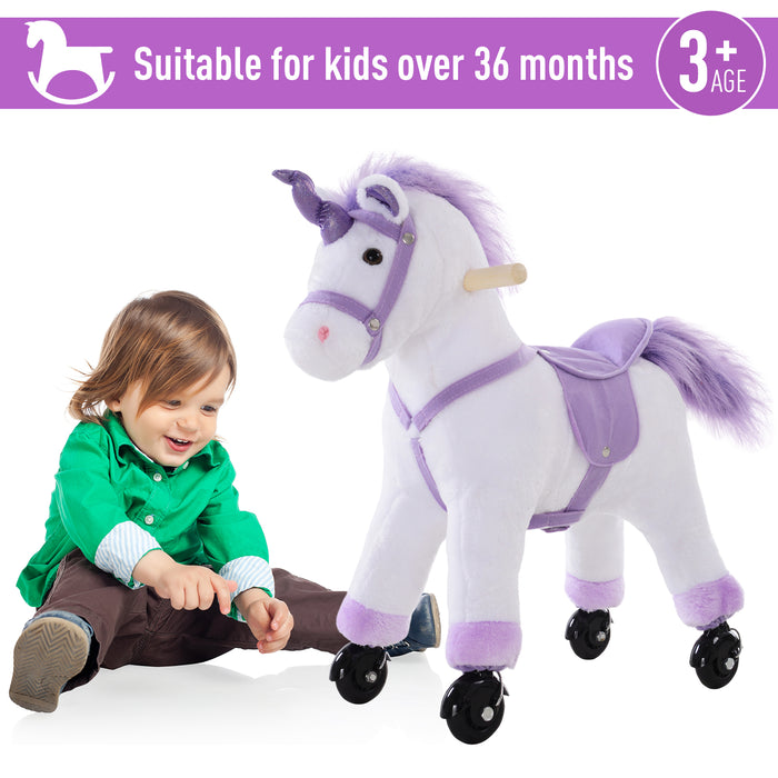 Sit-On Unicorn Horse with Neigh Sound Button - Plush Toy with Safe Seat and Handlebar on a Durable Wood Frame - Ideal for Kids' Imaginative Play