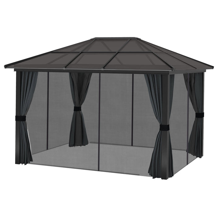 3 x 4m Hard Top Gazebo - Outdoor Garden Pavilion with Polycarbonate Roof, Netting, and Curtains - Ideal for Entertaining and Protection Against Elements