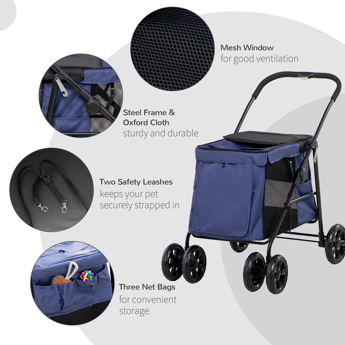 Foldable Dog Stroller with EVA Wheels and Storage - Mesh Windows, Safety Leash, and Cushion Design - Ideal for Small Pets' Comfortable Transport