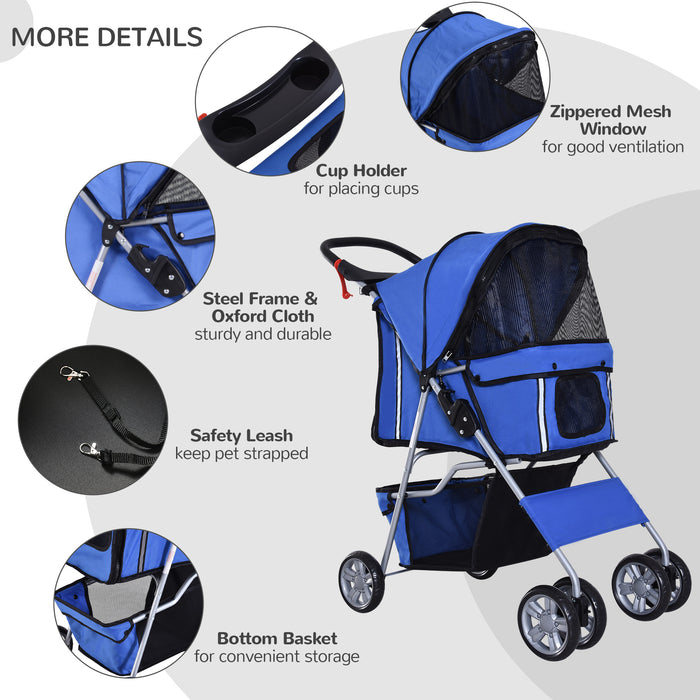 Foldable Dog and Cat Stroller with Zipper Entry - Portable Pet Carriage for Small Miniature Animals, Smooth Wheels, Storage Basket - Ideal for Travel and Outdoor Use with Convenient Cup Holder
