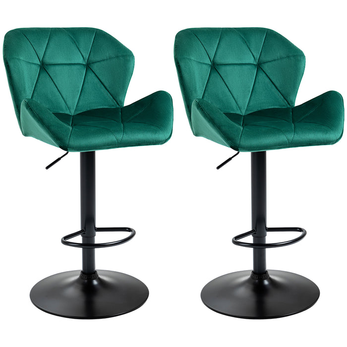 Luxurious Velvet Swivel Bar Stools - Pair of Adjustable Height Barstools with Metal Frame, Footrest, and Round Base - Ideal for Kitchen Island and Home Bar Comfort Seating in Green