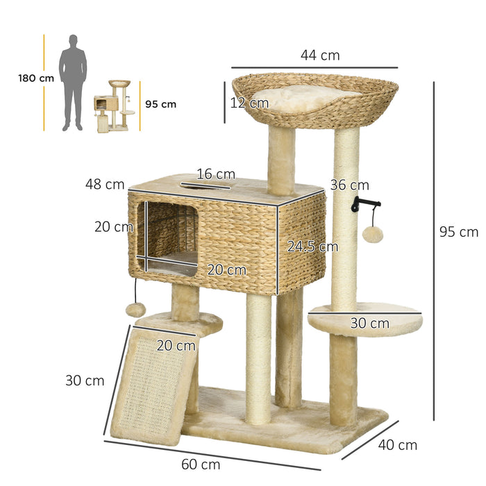 Deluxe 95cm Beige Cat Tree Tower - Multi-Level with Scratching Post, Cozy Cat House, Dangling Toy Ball, and Perch Platform - Perfect Play Structure for Climbing & Lounging Felines