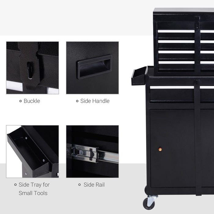 2-in-1 Metal Tool Chest Cabinet with Pegboard - 5 Drawers, Wheels, and Spacious Storage - Ideal for Workshop Organization and Mobility (60x28x104.5cm, Black)