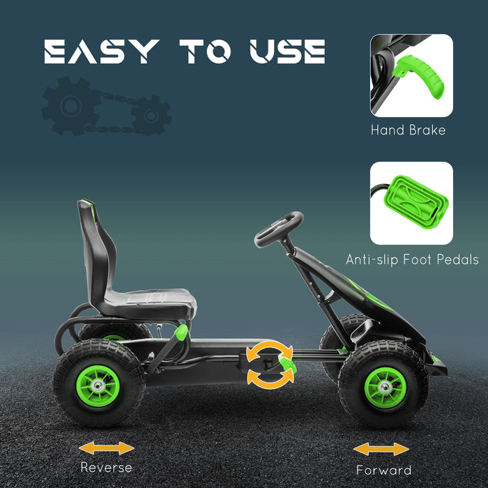 Pedal-Powered Racing Go Kart for Kids - Adjustable Seat, Inflatable Tyres, Shock Absorption, Handbrake - Ideal Outdoor Fun for Boys and Girls Ages 5-12, Vibrant Green Color