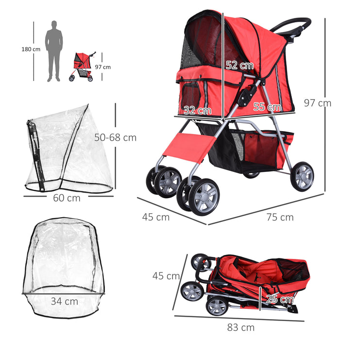Folding Pet Stroller for Small Dogs - Weather-Resistant Canopy, Cup Holder, Undercarriage Storage - Safe Strolls with Reflective Safety Features in Red