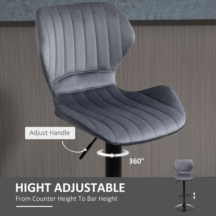 Velvet-Touch Fabric Swivel Bar Stools - Set of 2 Adjustable Height Counter Chairs with Footrest, Grey - Ideal for Home Bar or Kitchen Island Seating