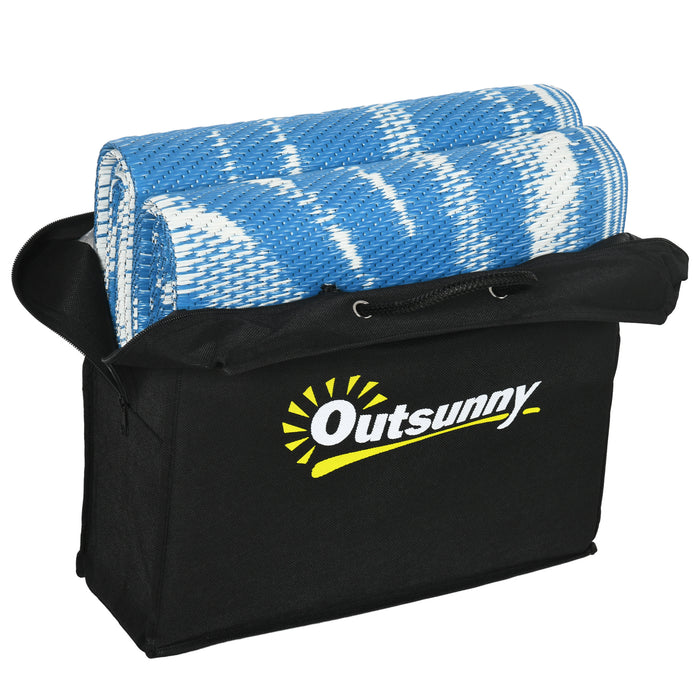 Reversible Blue and Cream RV Camping Mat - 182x274cm Eco-Friendly Plastic Straw Outdoor Rug with Carry Bag - Ideal for Picnics, Beach Trips, & Patio Use