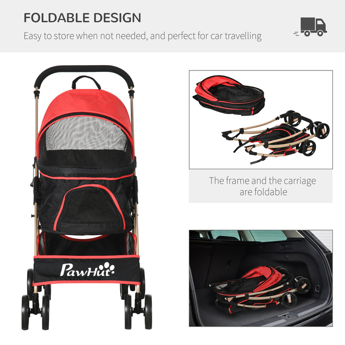 3-in-1 Detachable Pet Stroller - Foldable Dog and Cat Travel Carriage with Universal Wheel and Brake System, Red - Ideal for Extra Small & Small Sized Pets Outdoor Expeditions