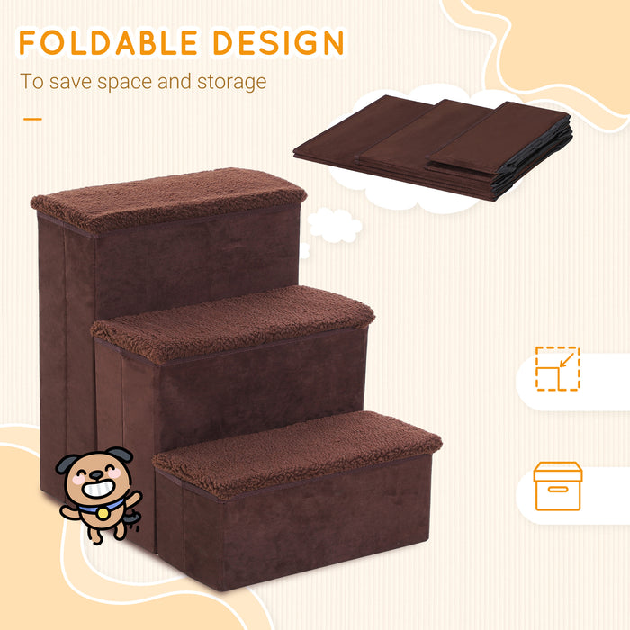 Foldable 3-Step Pet Stairs - Portable Mobility Aid with Washable Fleece Cover, 41x19cm, Brown - Ideal for Small & Aging Pets Climbing Support