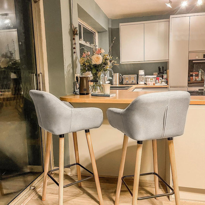 Modern Upholstered Beige Bar Stools - Set of 2 Chairs with Solid Wood Legs and Metal Frame - Elegant Seating for Dining Room or Kitchen