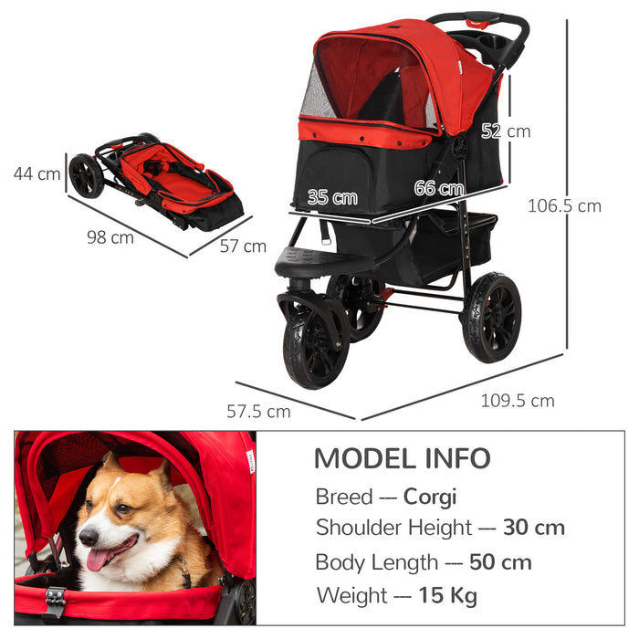 Oxford Cloth Pet Stroller - 3-Wheel Folding Dog Trolley in Red/Black - Convenient Pet Transport for Walks and Travel