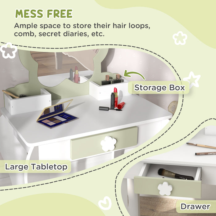 Kids Flower Vanity Set - Mirror, Stool, Drawer & Storage Boxes for Beauty Play - Perfect for Ages 3-6, White Design