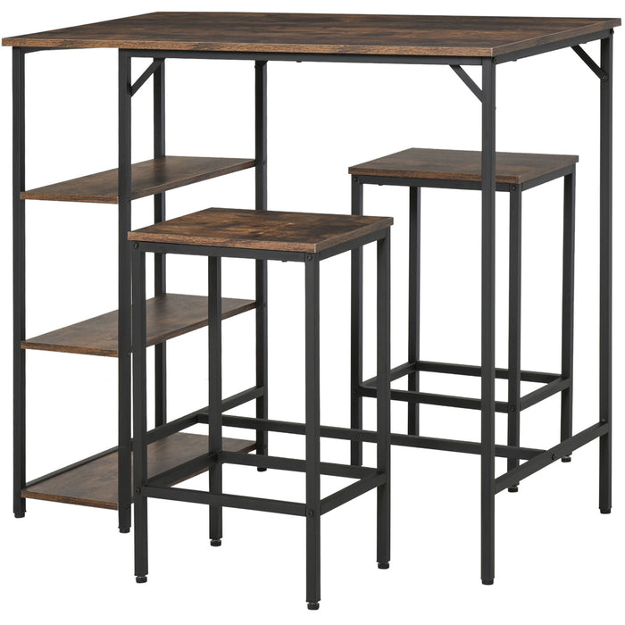 Industrial Bar Height Dining Table Set with Side Shelf - Includes 2 Stools for Kitchen or Dinette - 3-Piece Coffee and Dining Room Furniture Combo