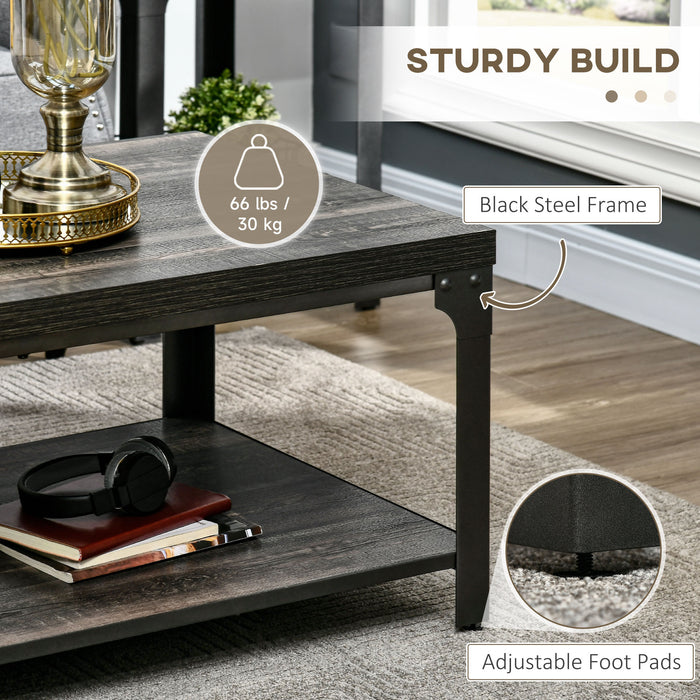 Dark Walnut Rustic Coffee Table with Thickened Top - Living Room Cocktail Table with Storage Shelf and Steel Frame - Elegant and Durable Furniture for Home Comfort