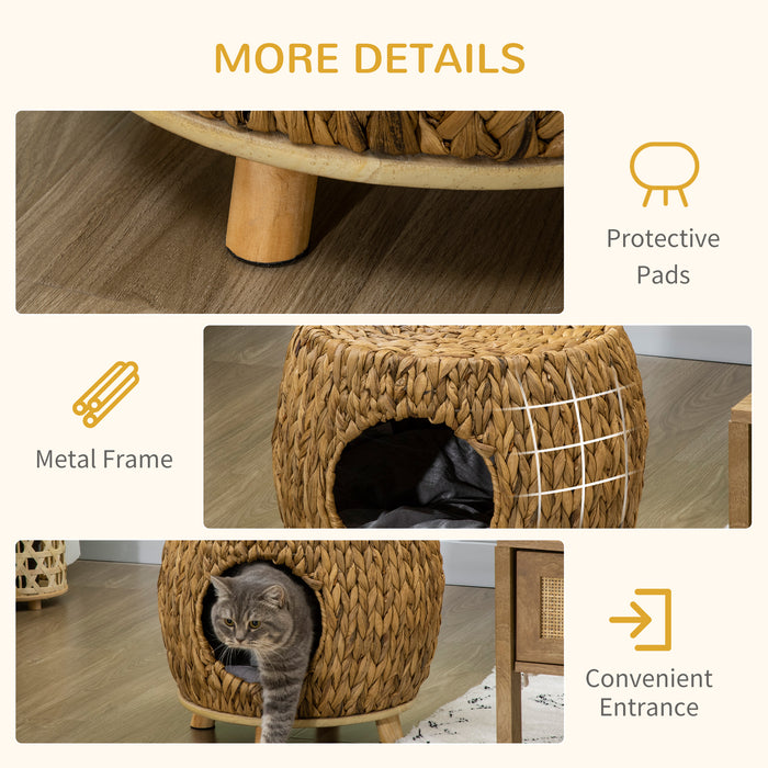Rattan Kitten Bed Stool - Wicker Cat Cave with Soft Washable Cushion for Cozy Naps - Perfect for Outdoor & Indoor Pet Relaxation, 44x43x41cm