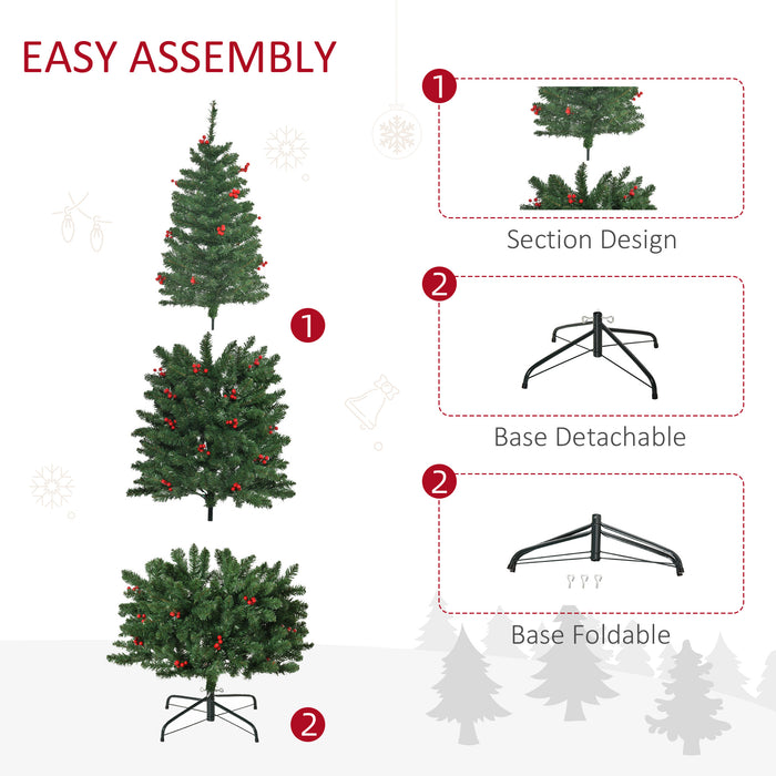 6ft Pre-Lit Slim Green Christmas Tree with LED Lights - Artificial Pencil Design with Red Berries - Festive Holiday Decor for Home Spaces