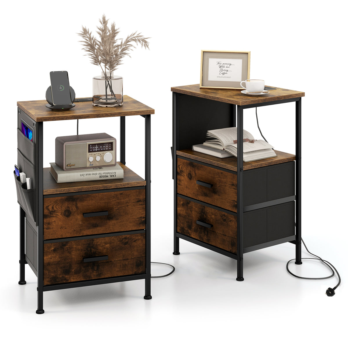 2-Piece Nightstand Charging Station - USB Ports and Socket Outlet Features - Ideal for Tech-Savvy Individuals Needing Convenient Charging Solutions