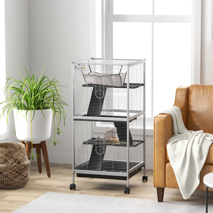 Pet Play House Cage for Small Animals - Wheeled Design with Multiple Platforms, Light Grey - Ideal for Active Pets Needing Space & Mobility
