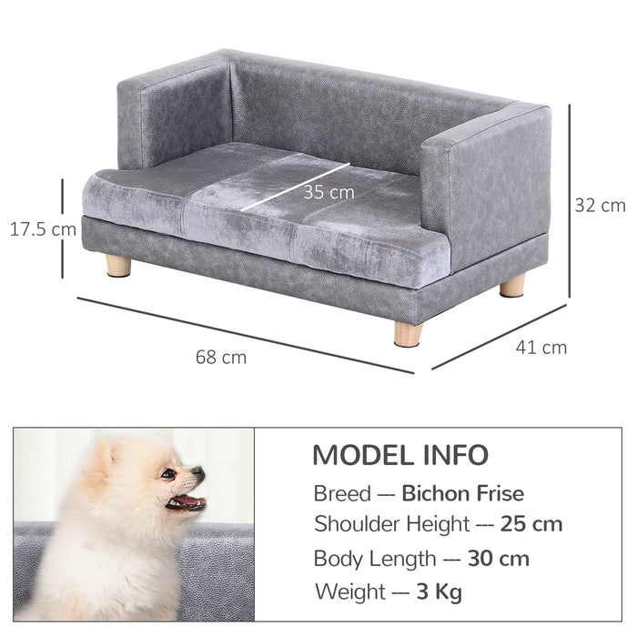 Elevated Dog Sofa with Soft Cushion - PU Covered Pet Lounger for Small Dogs & Cats - Anti-Slip Legs Grey Couch Bed for Comfort and Style