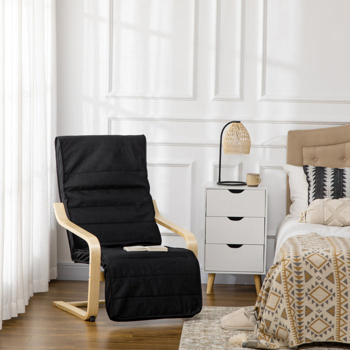 Wooden Lounging Deck Chair - Adjustable Recliner with Footrest and Removable Black Cushion - Comfortable Seating for Patio and Outdoor Relaxation