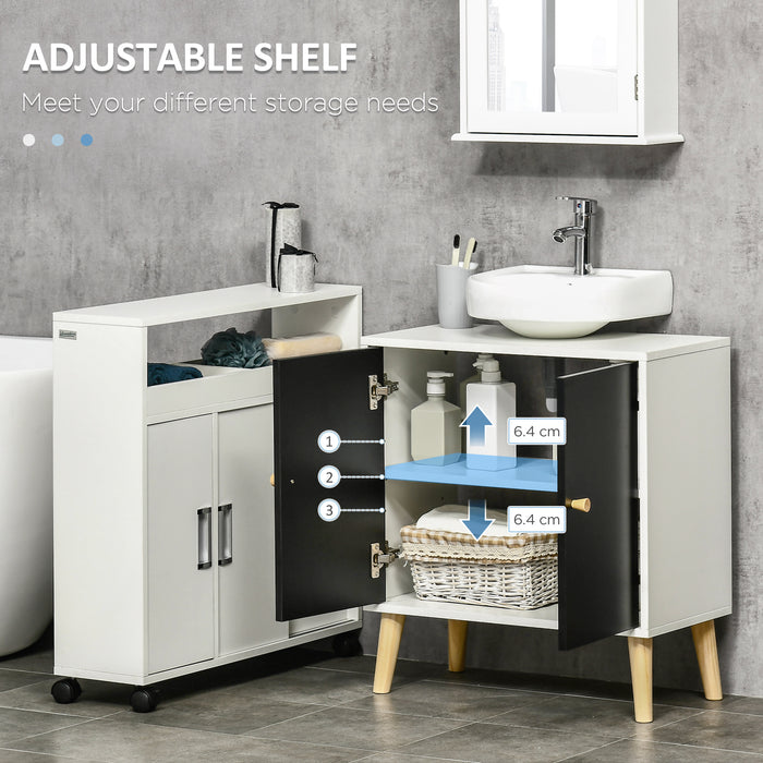 Under-Sink Cabinet with Adjustable Shelf - Modern Bathroom Storage Solution with Solid Wood Legs - Sleek Black and White Design for Home Organization