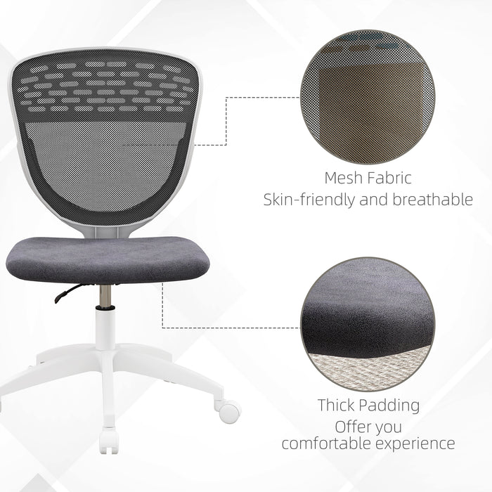 Mesh Office Chair - Armless, Height Adjustable with Swivel Wheels, Grey - Ideal for Home and Office Comfort