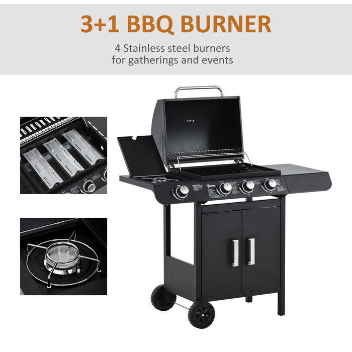 3+1 Burner Gas BBQ Grill with Side Burner - Outdoor Barbecue Trolley, Warming Rack, Storage Cabinet - Ideal for Garden Cooking and Entertainment