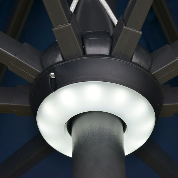 Outdoor Solar LED Parasol - 2.7m Angled Canopy Sun Umbrella with Vent and Crank Tilt Function, Blue - Ideal Summer Patio Shelter