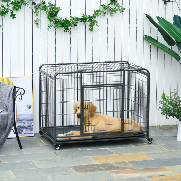 Heavy Duty Foldable Dog Crate - Double-Door Pet Cage with Removable Tray and Lockable Wheels - Durable Indoor Kennel and Playpen for Dogs