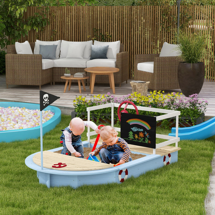 Kids Pirate Ship Sandbox - Wooden Outdoor Play Station with Blue Accents - Creative Play for Children