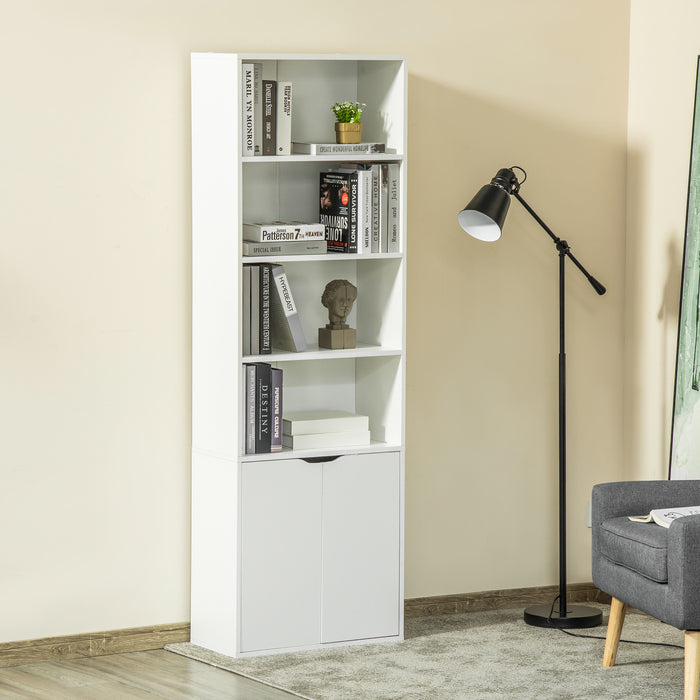 Modern White 2-Door Tall Bookcase with 4 Shelves - Contemporary Storage Cupboard and Display Unit for Living Room, Study, and Bedroom - Ideal Organizational Furniture for Home or Office
