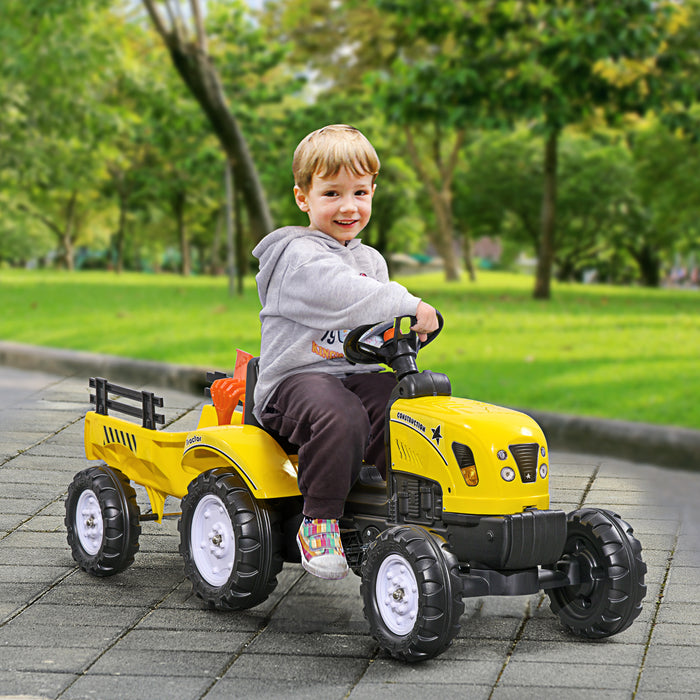 Pedal-Powered Go Kart Tractor with Attachable Shovel and Rake - Four-Wheeled Outdoor Ride-On Toy for Kids - Fun Yard Work and Play Vehicle for Children