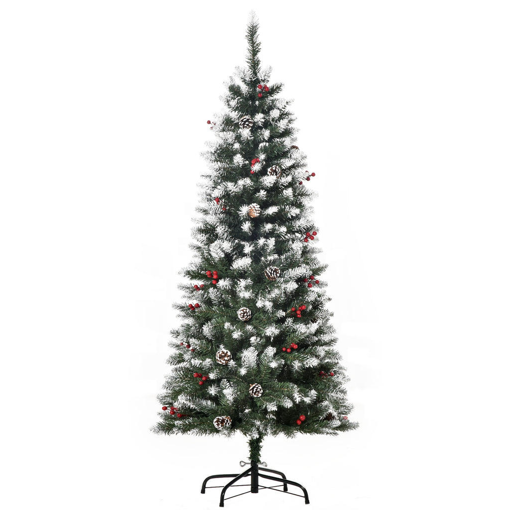 5FT Green Pencil Christmas Tree - Adorned with Red Berries and Pinecones, Foldable Base - Space-Saving Festive Decor for Home Interiors