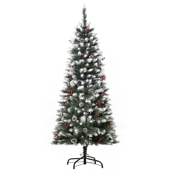 5FT Green Pencil Christmas Tree - Adorned with Red Berries and Pinecones, Foldable Base - Space-Saving Festive Decor for Home Interiors