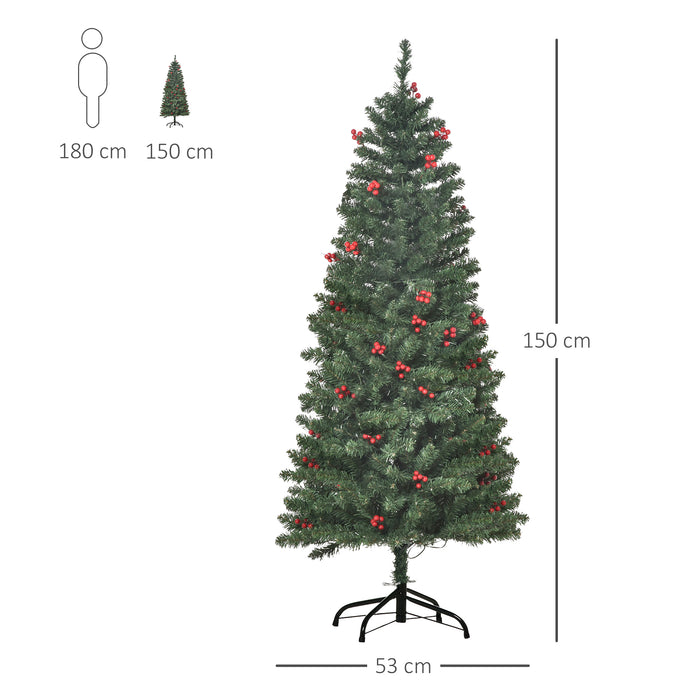 Artificial 5FT Pencil Christmas Tree with Lights and Berries - Pre-lit with Warm White LEDs and Decorated with Red Berries - Ideal for Festive Home Holiday Decor and Space-Saving Xmas Ambience