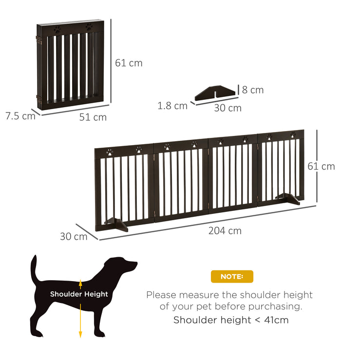 Freestanding 4-Panel Wooden Pet Gate - Adjustable Folding Safety Fence with Sturdy Support Feet, 204cm Wide and 61cm Tall - Ideal for Doorways and Stairs, Pet Owners, Brown