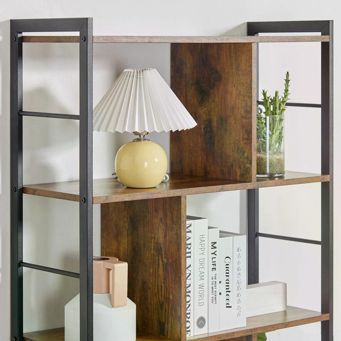 Industrial Storage Shelf - 5-Tier Metal Frame Bookcase & Display Rack in Rustic Brown - Ideal for Living Room, Study & Closet Organization