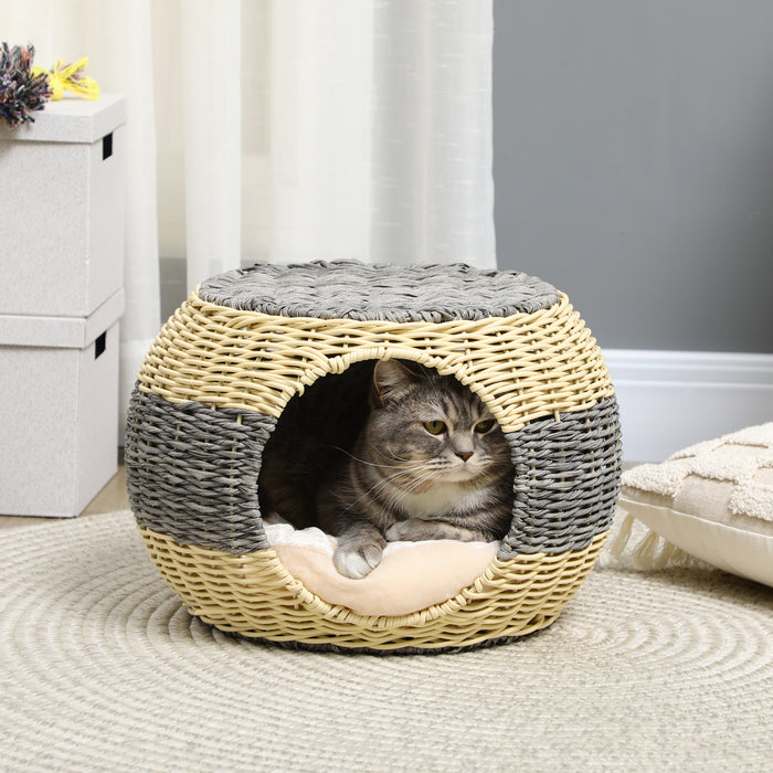 Elevated Rattan Cat Bed - Comfortable Wicker Kitty House with Plush Washable Pillow - Perfect Retreat for Cats & Small Pets