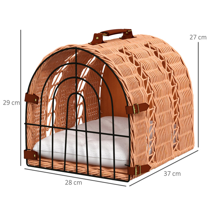 Wicker Cat Carrier Basket with Soft Cushion - Portable Kitten Bed and Pet Cave House, 37x28x29 cm in Orange - Ideal for Comfortable and Cozy Pet Travel & Napping