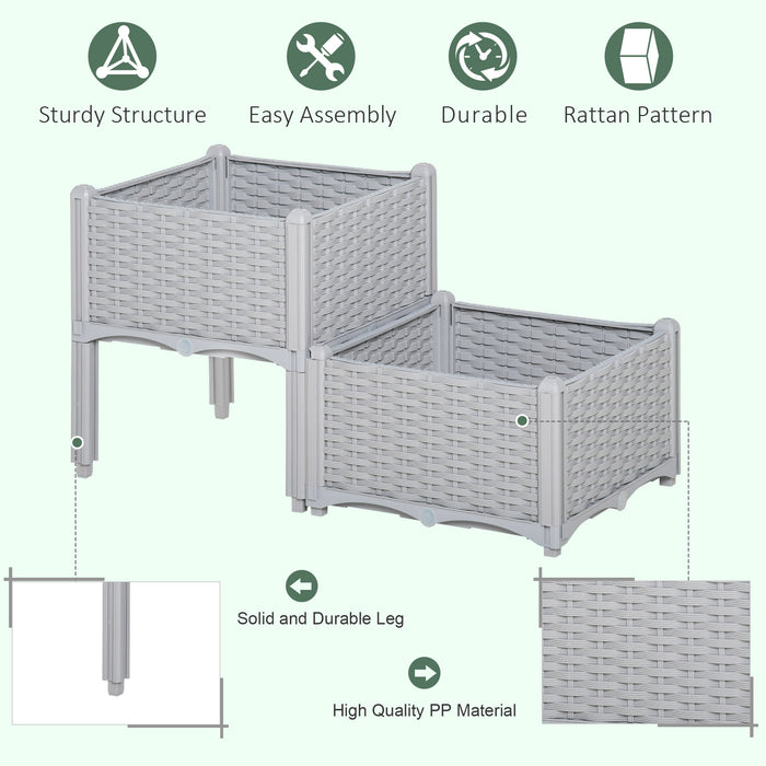 Elevated Garden Planters - 40cm x 40cm x 44cm Set of 2, Grey PP Patio Flower & Vegetable Planting Containers - Ideal for Gardeners and Outdoor Decor Enthusiasts