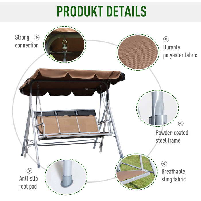 Outdoor Metal Swing Chair - 3-Person Garden Hammock Bench with Rock Shelter Feature, Brown - Comfortable Seating & Relaxation for Patio or Yard