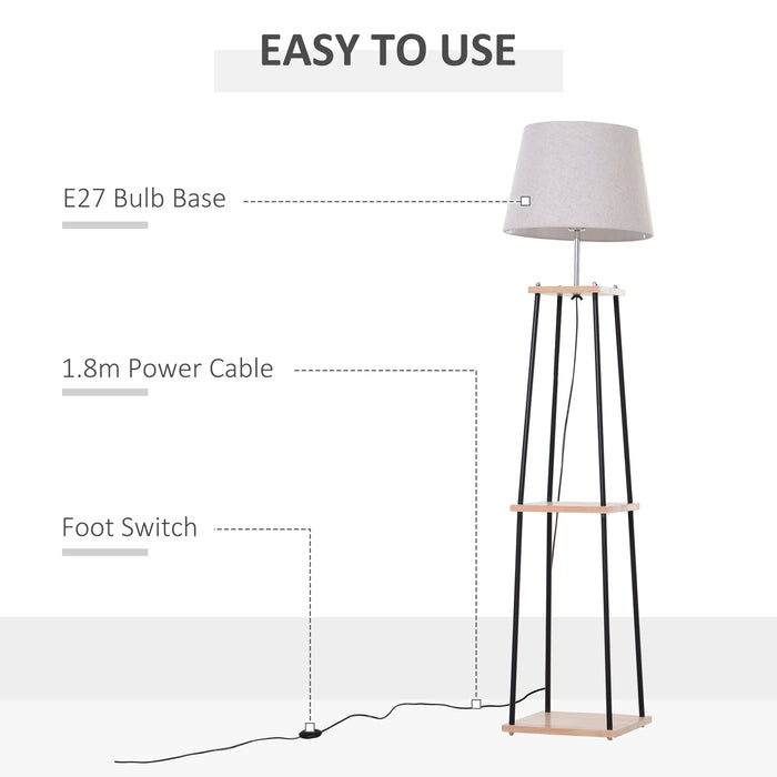 Modern Metal Tripod Floor Lamp with Shelving - E27 Lampshade, 3-Tier Storage, Foot Switch Control - Stylish Lighting & Display Solution for Contemporary Homes
