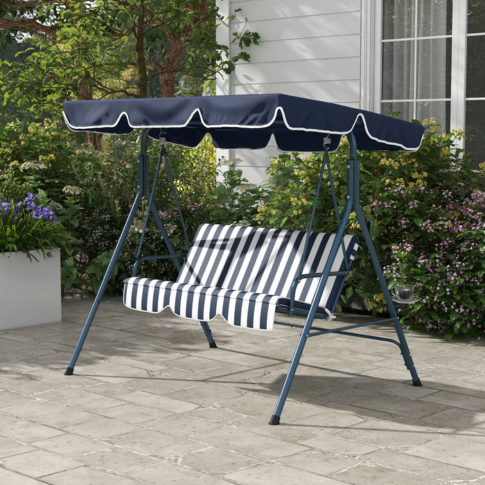 3-Seat Swing Chair - Adjustable Canopy Garden Swing Seat for Patio in Blue and White - Ideal for Relaxing Outdoors