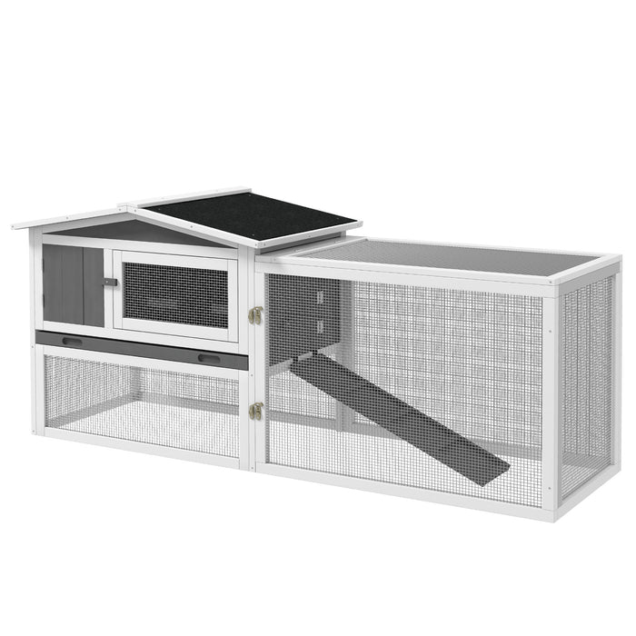 Outdoor Bunny Haven - Wooden Rabbit Hutch with Hay Rack, Ramp, and Hideaway - Ideal for Guinea Pigs and Small Pets, 156x58x68cm, Grey