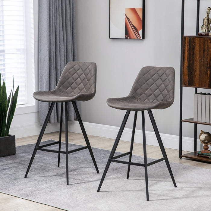 Vintage Microfiber Bar Stools, Set of 2 - Comfortable Padded Tub Seats with Quilted Design, Steel Frame and Footrest - Stylish Seating for Home Kitchen, Dark Grey