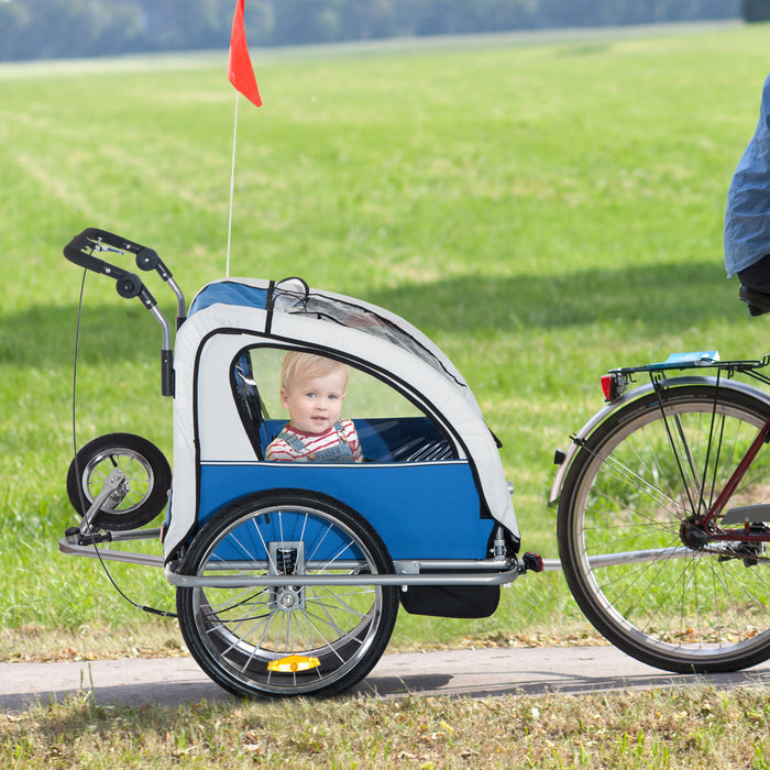 2-Seater Bike Trailer & Jogger Combo - Removable Canopy, Storage Pocket, Durable Steel Frame in Blue - Ideal for Active Parents with Babies or Young Children